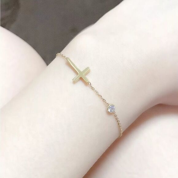 Gold Sideways Cross Bracelet Cubic Zirconia Charm - Picture 9 of 11